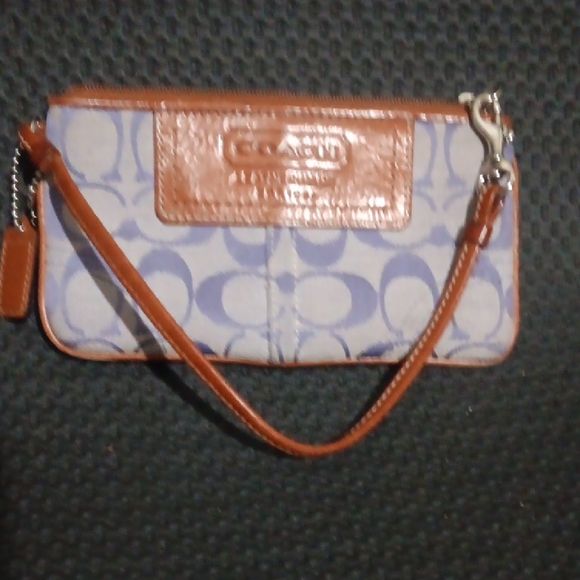 Coach Handbags - Coach Blue Signature Canvas Wristlet with Brown Leather Trim